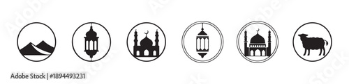 Arabic culture symbols with lantern mosque sheep desert dunes for religious festive seasonal design