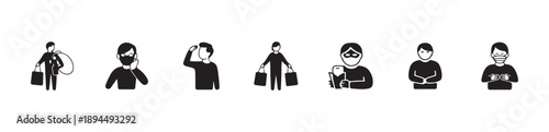 People wearing masks, shopping and other diverse activities black icons set, protection symbol