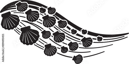 Black and white illustration of seashells on wavy lines