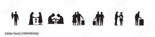 Family and community support silhouette icons showing travel assistance prayer and voting activities