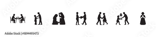 Social interaction and cultural tradition icons showing family dining respect and gift giving scenes