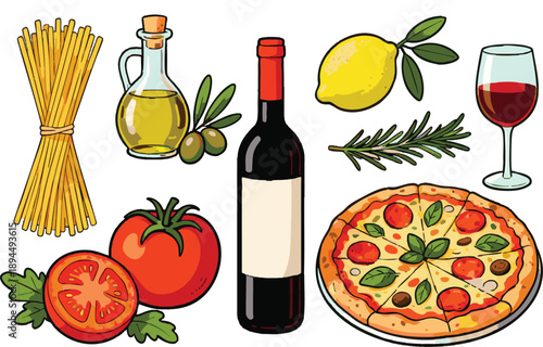 Hand Drawn Italian Food and Mediterranean Ingredients Set