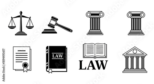 Law Justice Icons Set – Legal Court Gavel Scales Books Columns Symbols Collection
