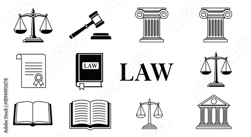 Law Justice Icons Set – Legal Court Gavel Scales Books Columns Symbols Collection