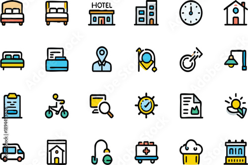 Hotel Services and Vacation Booking Flat Icon Set