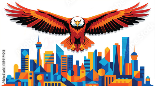 Colorful eagle flying over city skyline with modern buildings