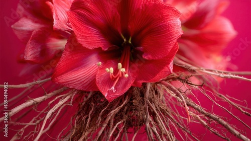Vibrant Red Amaryllis Flower with Exposed Roots Against Pink Background
