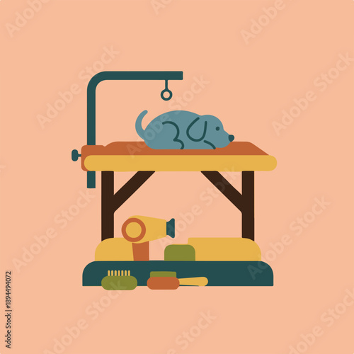 A flat vector illustration depicts a dog grooming station with a blue dog on a table, alongside various grooming tools like a hairdryer and brushes.