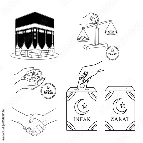 Islamic Charity and Religious Pillar Illustration Set, Kaaba and Zakat Infak Donation Concept, Muslim Alms and Shaking Hands Line Art for Ramadan