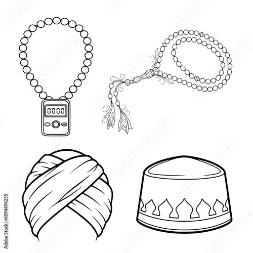 Islamic Prayer Beads and Headwear Set, Digital Tasbih and Traditional Rosary, Muslim Turban and Peci Cap Illustration for Ramadan and Hajj