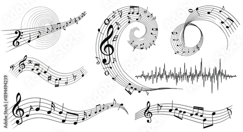 Elegant musical notes swirling in black and white design