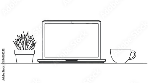 Modern minimalist workspace line art featuring a laptop plant and coffee cup for professional home office and remote work business branding resources.