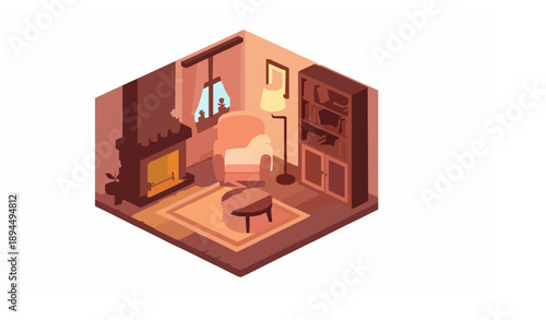 Warm cozy home living room cartoon vector with fireplace furniture and decor