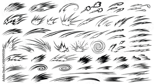 Dynamic black brush strokes and swirls for creative design projects