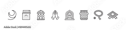 Islamic architecture prayer hands rosary beads and religious symbols line icons vector illustrations set