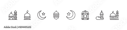 Ramadan kareem muslim mosque crescent moon and islamic lantern line icons vector illustrations set