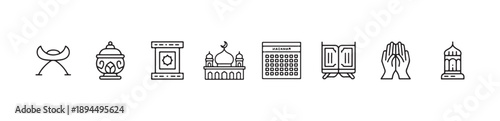 Islamic religious symbols set vector line icons for ramadan and eid celebrations