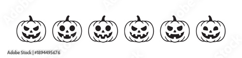 Six unique pumpkin jack o lantern face icons for halloween party decoration outline set