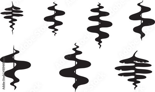 Black swirling abstract shapes on white background illustration set