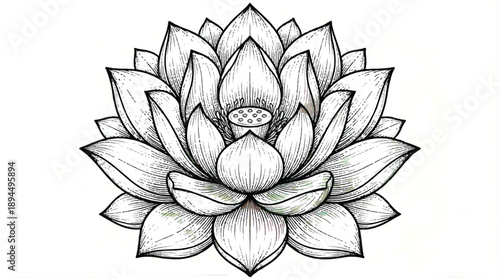 Detailed drawing of a lotus flower with many petals and lines