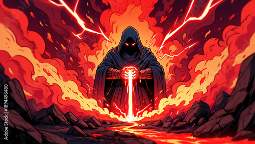 A mysterious cloaked figure wields a glowing red blade amidst a fiery, storm-ridden landscape