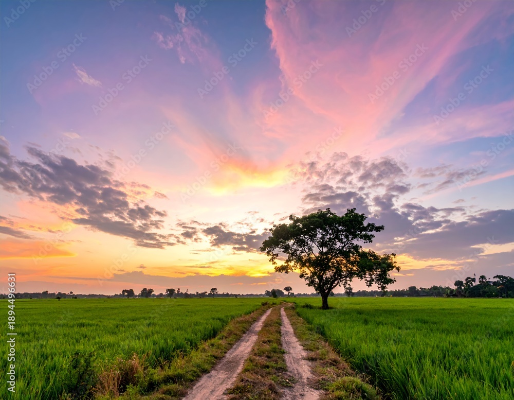 Obraz premium Vibrant Sunset Over Lush Green Field with Solitary Tree and Dirt Path.