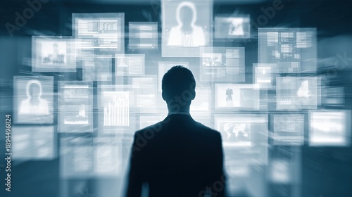 Silhouette of a professional managing customer relations or data on a large, futuristic interface. Represents CRM, big data, and business management technology.