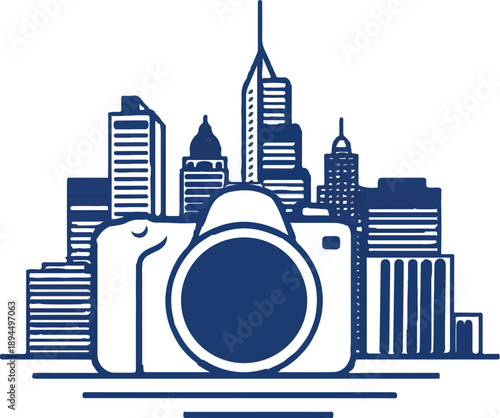 Capturing Cityscapes: A stylish, creative camera icon, positioned centrally, frames a meticulously detailed cityscape silhouette, symbolizing the art of capturing urban beauty. 