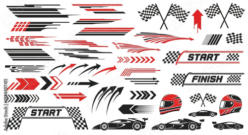 Dynamic racing graphics with arrows flags and cars