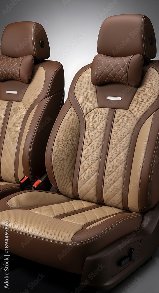Fototapeta premium Luxurious Brown and Beige Car Seats with Headrests.