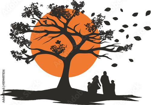 Whispers of Time: A serene silhouette of a tree, its leaves dancing in the wind against a backdrop of the setting sun, while a family gathers in its embrace.