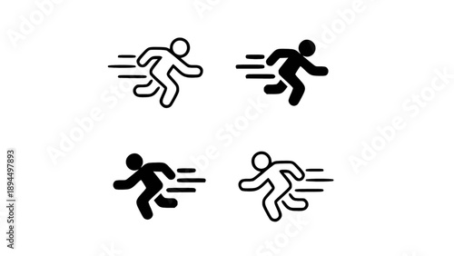 Simple stick figure icons showing running motion in outline and solid styles. Suitable for signage, wayfinding systems, sports symbols, and minimalist vector graphics.