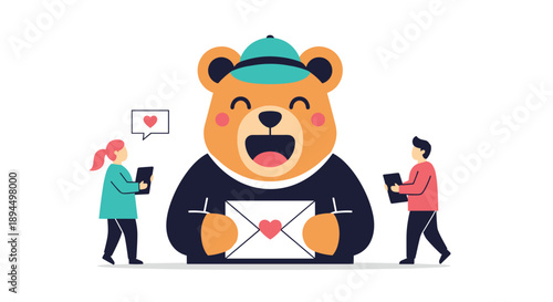 Friendly cartoon bear holding a love letter while a man and a woman use their phones, illustrating online dating or love messages.