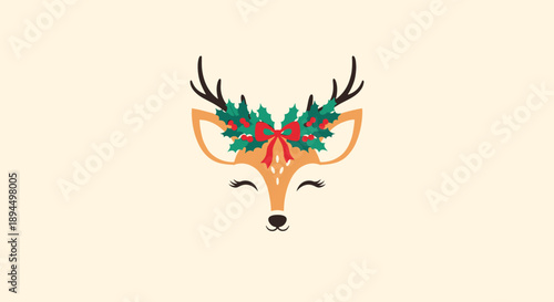 Adorable and festive reindeer face with a Christmas holly wreath and a red bow on its head, isolated on a light background.