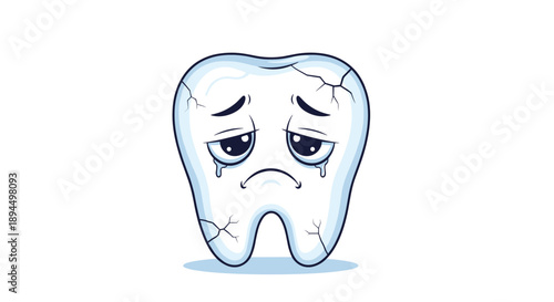 Sad cartoon tooth character crying with cracks on its surface, representing a damaged, decayed, or sensitive tooth problem.