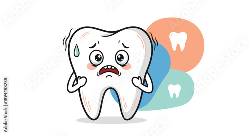 Worried and sweating cartoon tooth character trembling with fear, illustrating dental anxiety or the concept of a toothache.