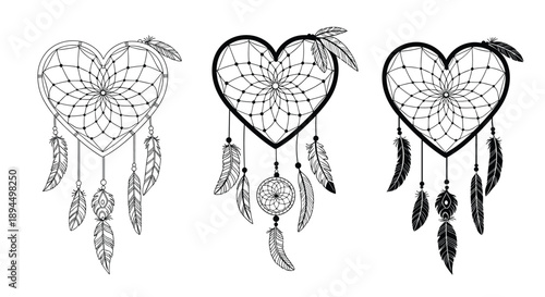 Set of three heart-shaped dreamcatcher illustrations in a black and white boho style with feathers, beads, and woven details.