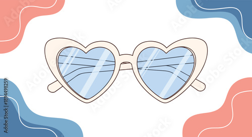 Stylish heart-shaped sunglasses with blue lenses, illustrated in a clean, modern style on a background with abstract waves.