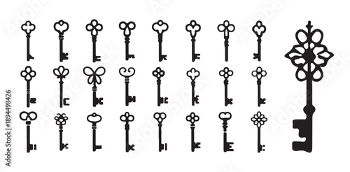 Set of black vintage keys, collection of different design key silhouettes, vector illustration