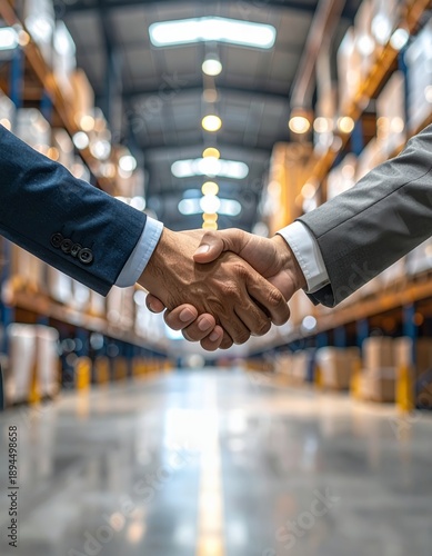 Businessmen shaking hands in a warehouse, symbolizing partnership and agreement in logistics and supply chain management.