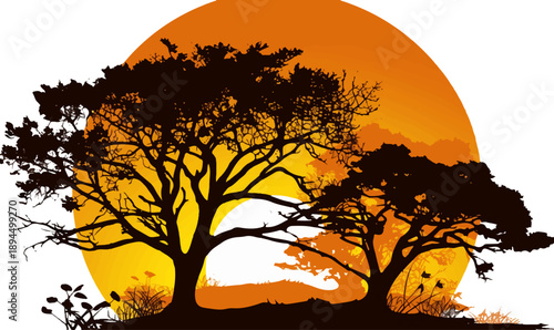 Silhouette Sunset: Majestic trees stand silhouetted against a radiant sunset, the warm glow painting a vibrant backdrop that whispers of tranquil moments.