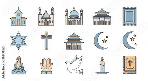 Diverse religious symbols and icons on white background