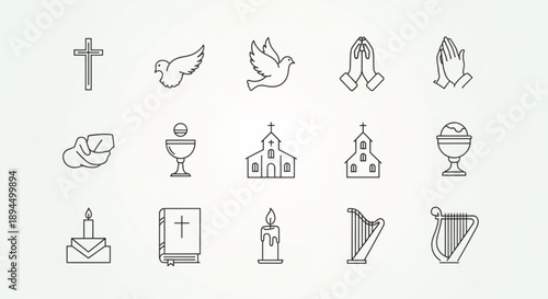 Christianity icons set including cross dove praying hands church holy book and candle