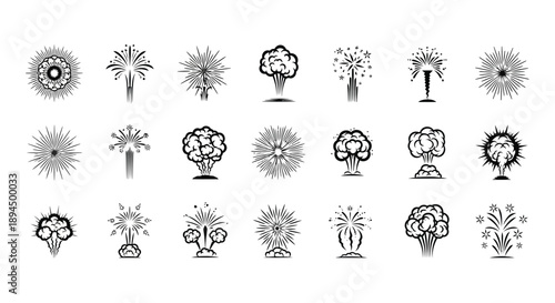 Collection of 21 unique black fireworks icons on white