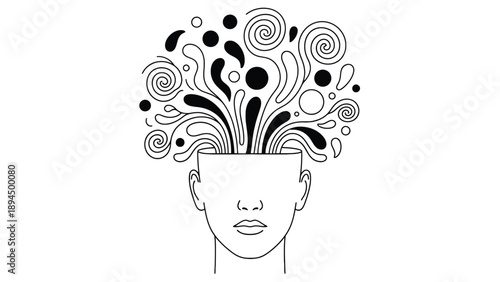 Creative abstract line art of a human head with artistic swirls for mental wellness branding and innovative cognitive psychology research business resources.