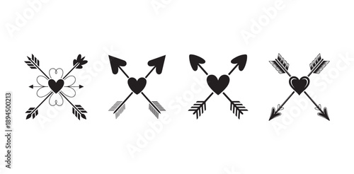 Crossed cupid arrows with hearts set romance symbols for wedding and valentines day vector illustration