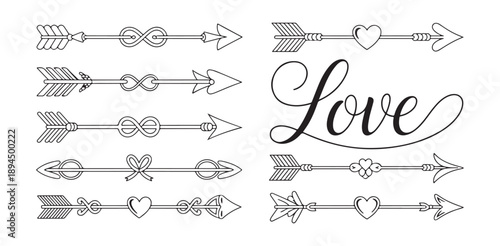 Outline love arrows set with hearts infinity symbols bow ribbons decorative dividers vector illustration