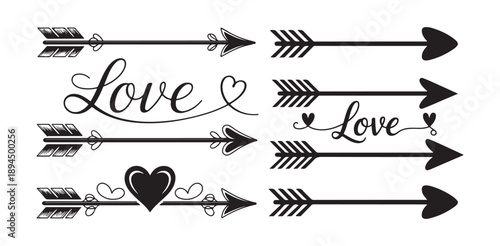 Love script arrows set with hearts decorative dividers wedding border elements vector illustration