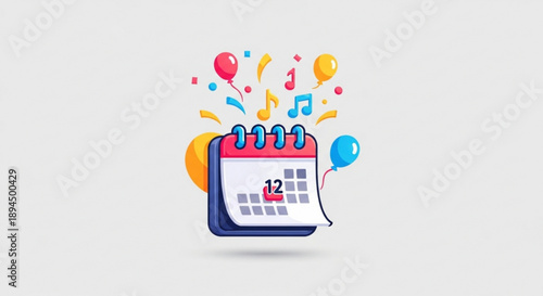 Colorful calendar with balloons and confetti celebrating a special day