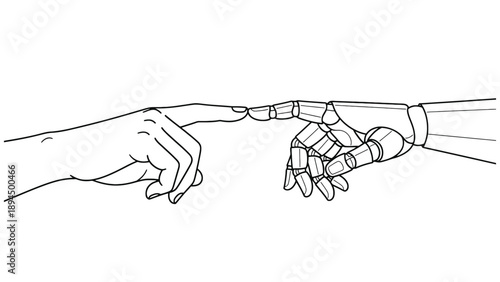Future technology concept featuring a human hand touching a robotic hand for artificial intelligence collaboration and high-tech digital business innovation branding.